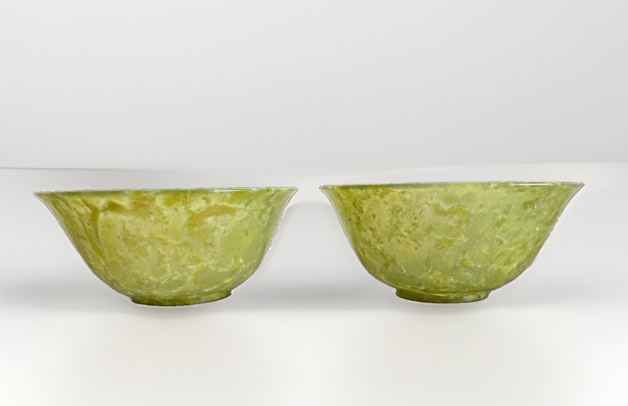 Chinese Vintage  Green Jade Bowl Cup Pair  with Rosewood Stands