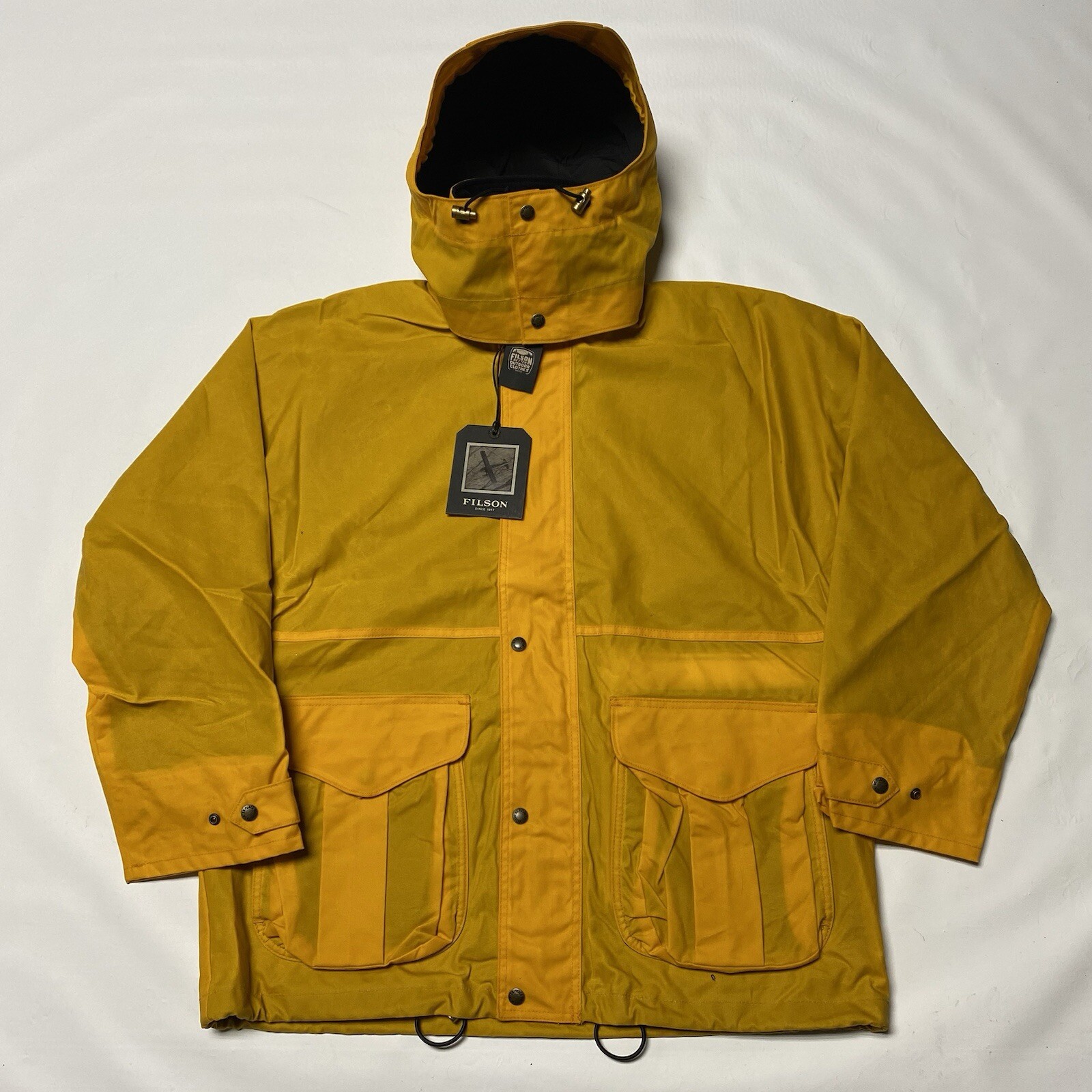FILSON Foul Weather Hooded Jacket Larch Gold Waxed Canvas L Shelter Cover Cloth