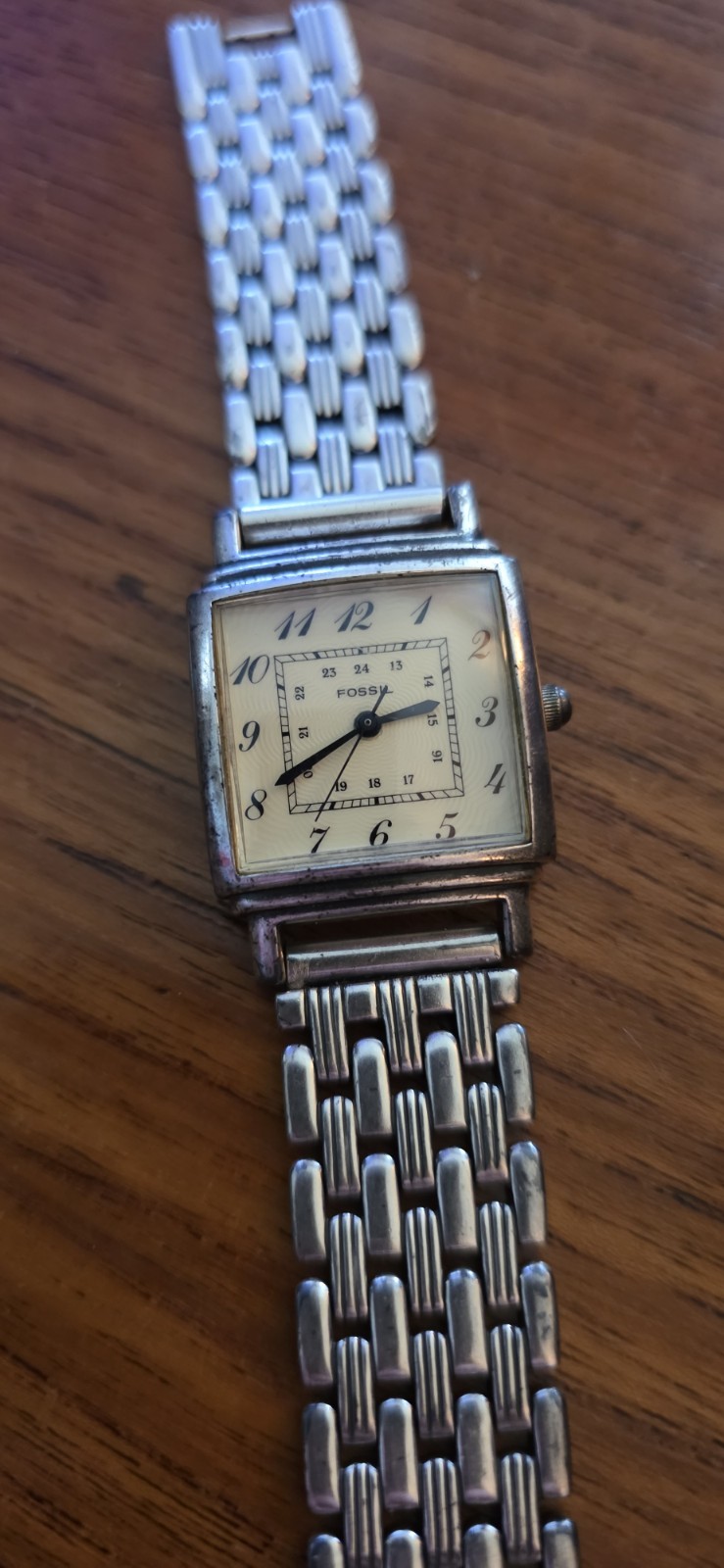 Vintage Fossil Art Deco Tank 26mm Watch Silver Tone Square 1990s New Battery