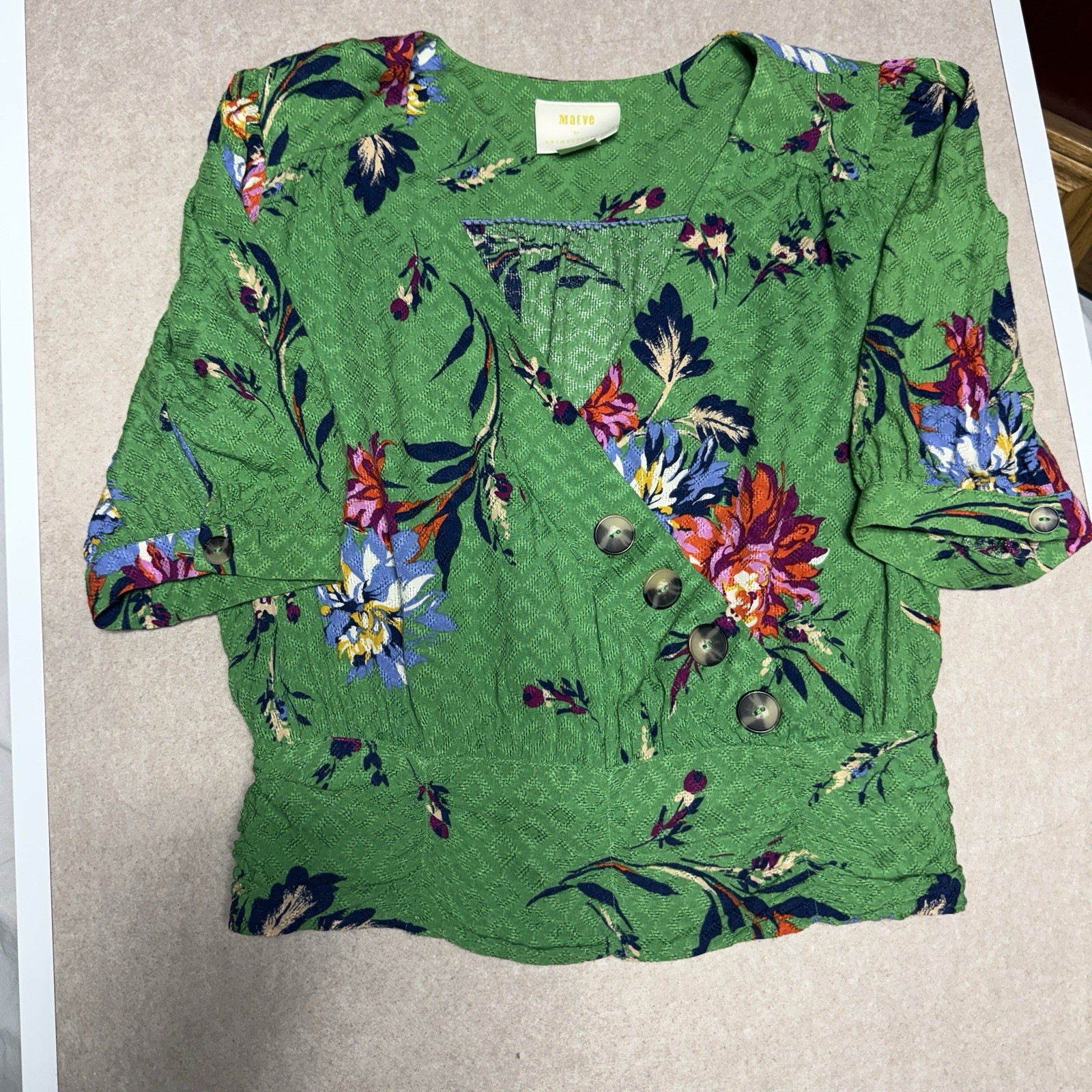Maeve Anthropologie Green Floral Asymmetric Button Jacquard Top Blouse Womens M