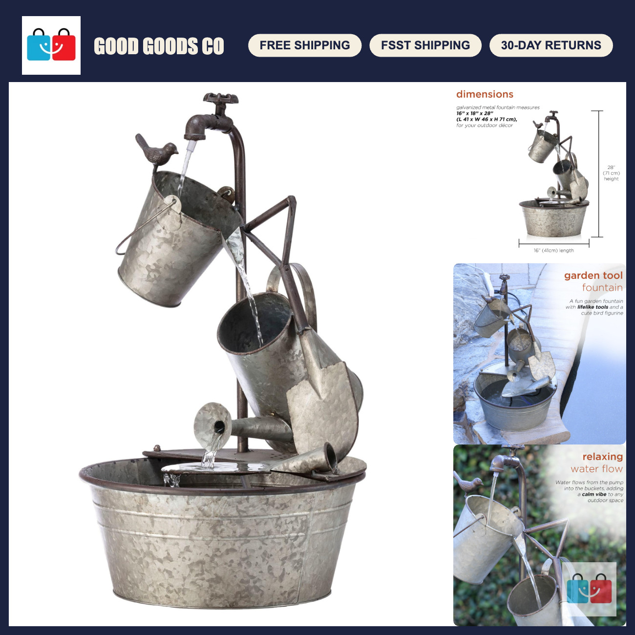 3-Tier Metal Garden Fountain with Waterfall & Faucet - Outdoor Decor, 28\ 3-Tier Metal Garden Fountain with Waterfall & Faucet - Outdoor Decor, 28\