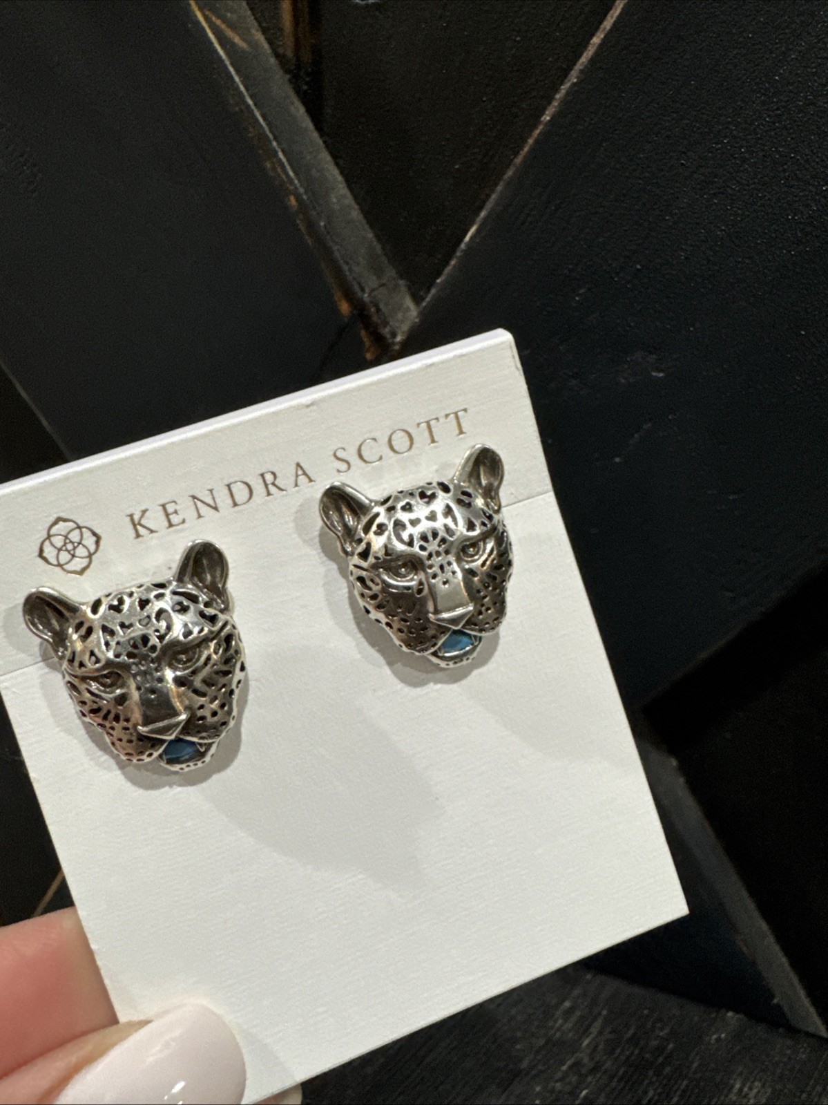Kendra Scott Maura Vintage Silver Jaguar Stud Earrings Sage Serpentine - NEW