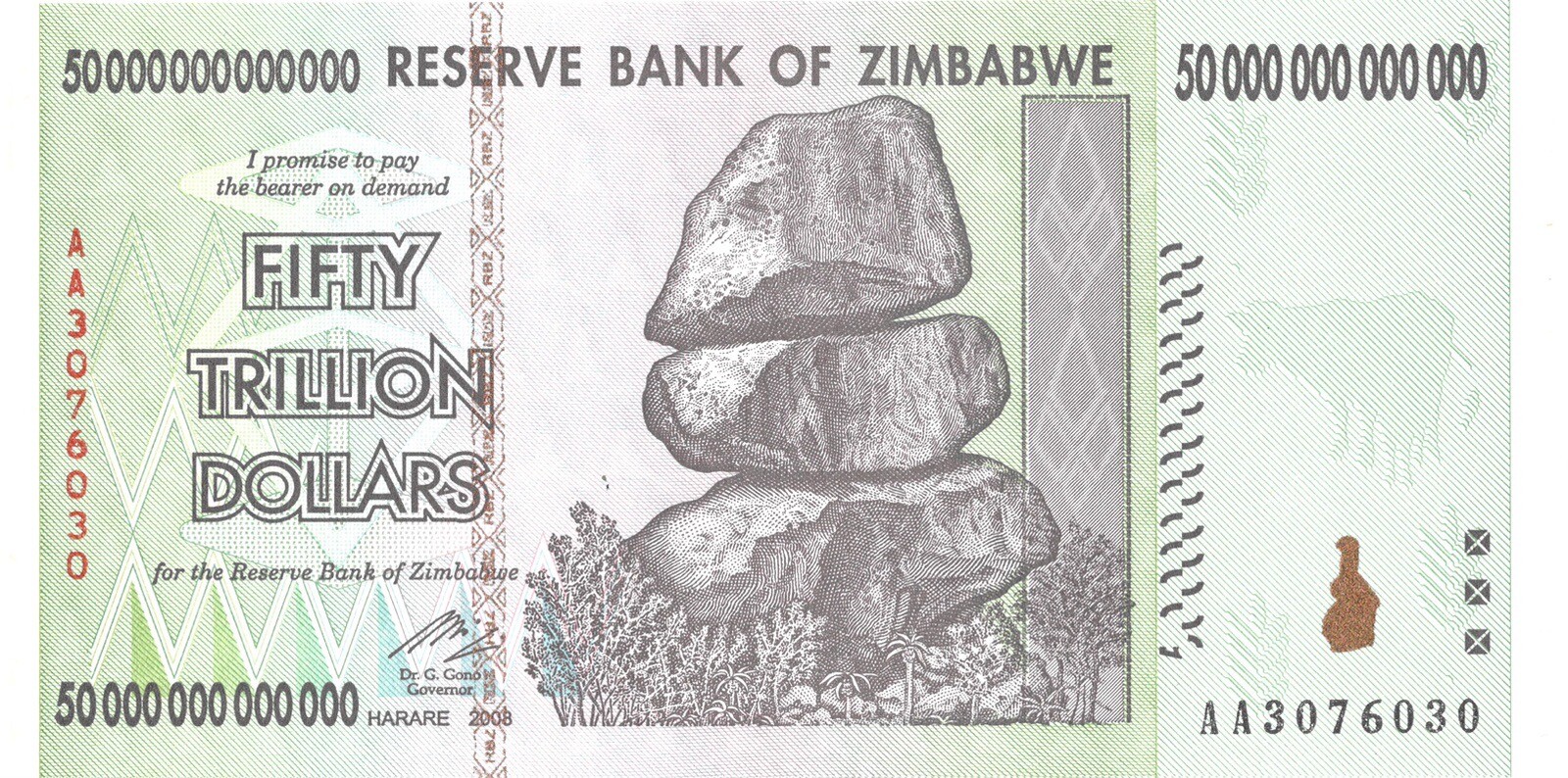 ZIMBABWE 50 TRILLION DOLLARS BANKNOTE 2008 OLD ZIMBABWEAN NOTE (RHODESIA) A-UNC
