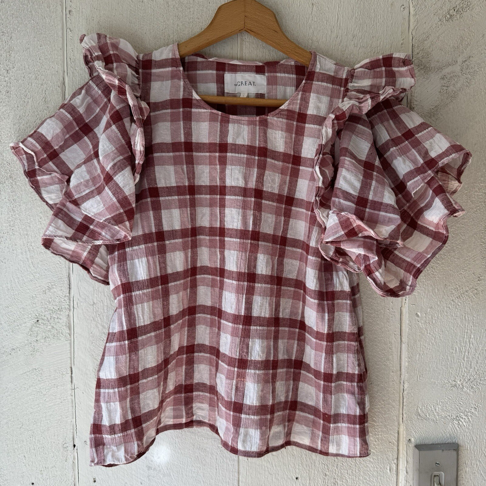 The Great Whisper Plaid Ruffled Shirt Top Blouse Size 1 Small The Great Whisper Plaid Ruffled Shirt Top Blouse Size 1 Small