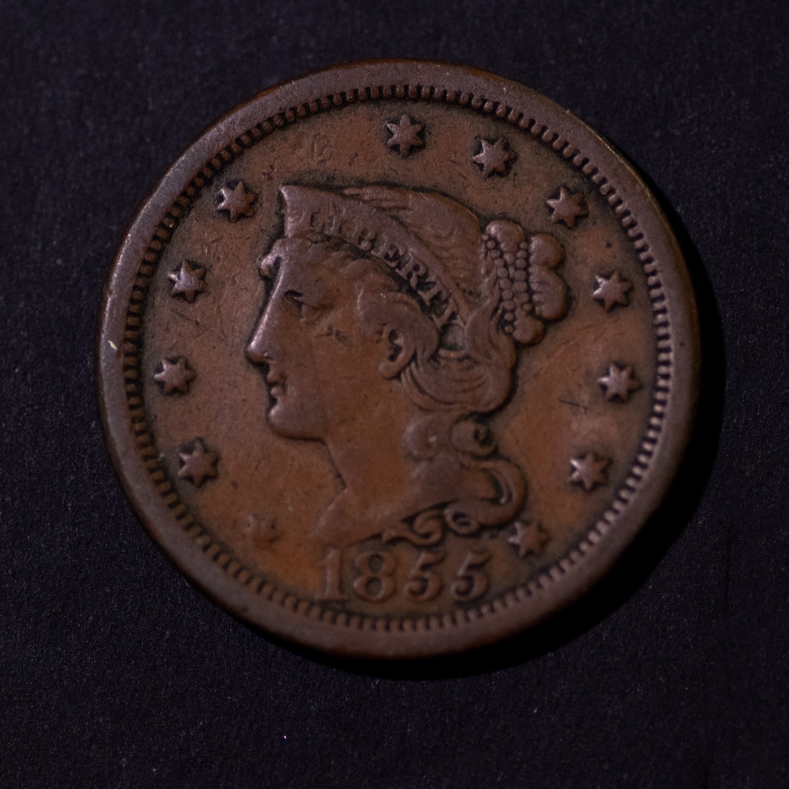 1855 US Braided Hair Large Cent - Slanted 5s Date - Circulated Copper, Free S&H