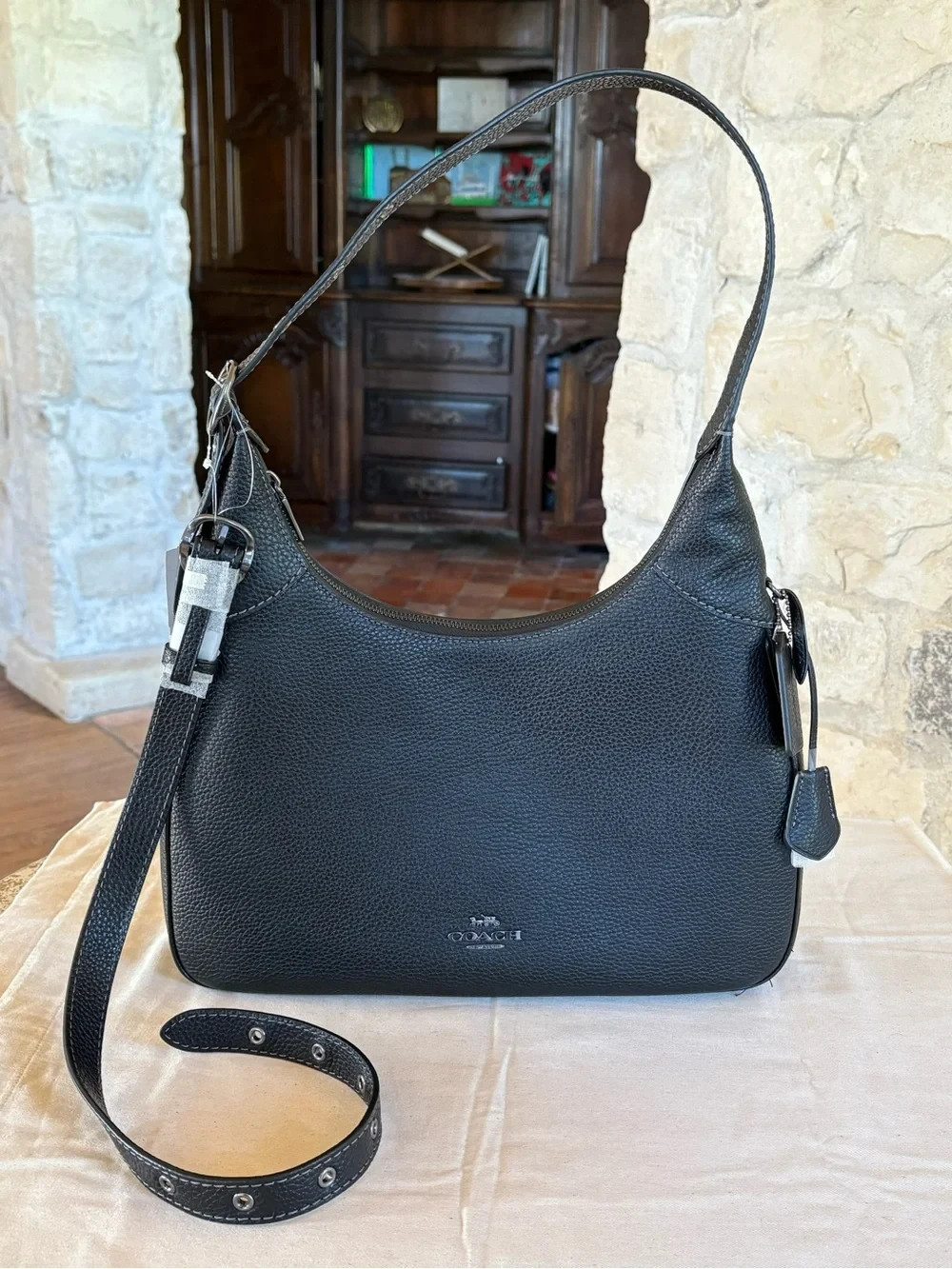 COACH Ella Pebble Leather Shoulder Bag Hobo Crossbody Slouchy Black CCE47 NWT