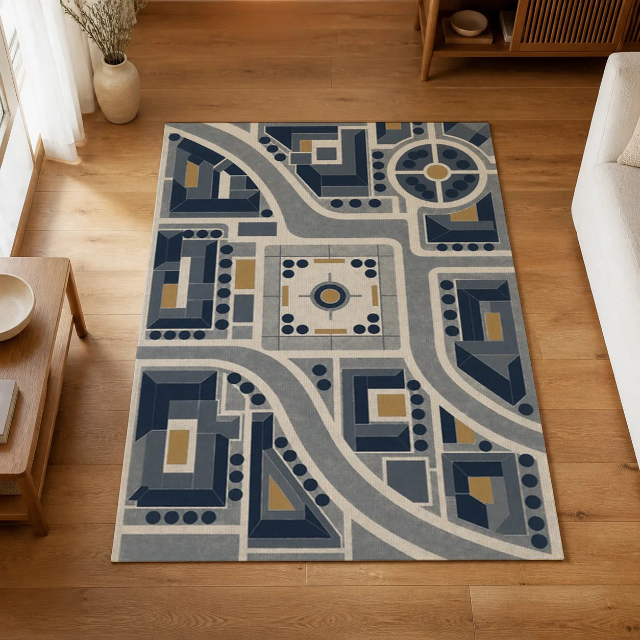 Kartela City Plan Washable Geometric Map Area Rug Navy Non-Slip