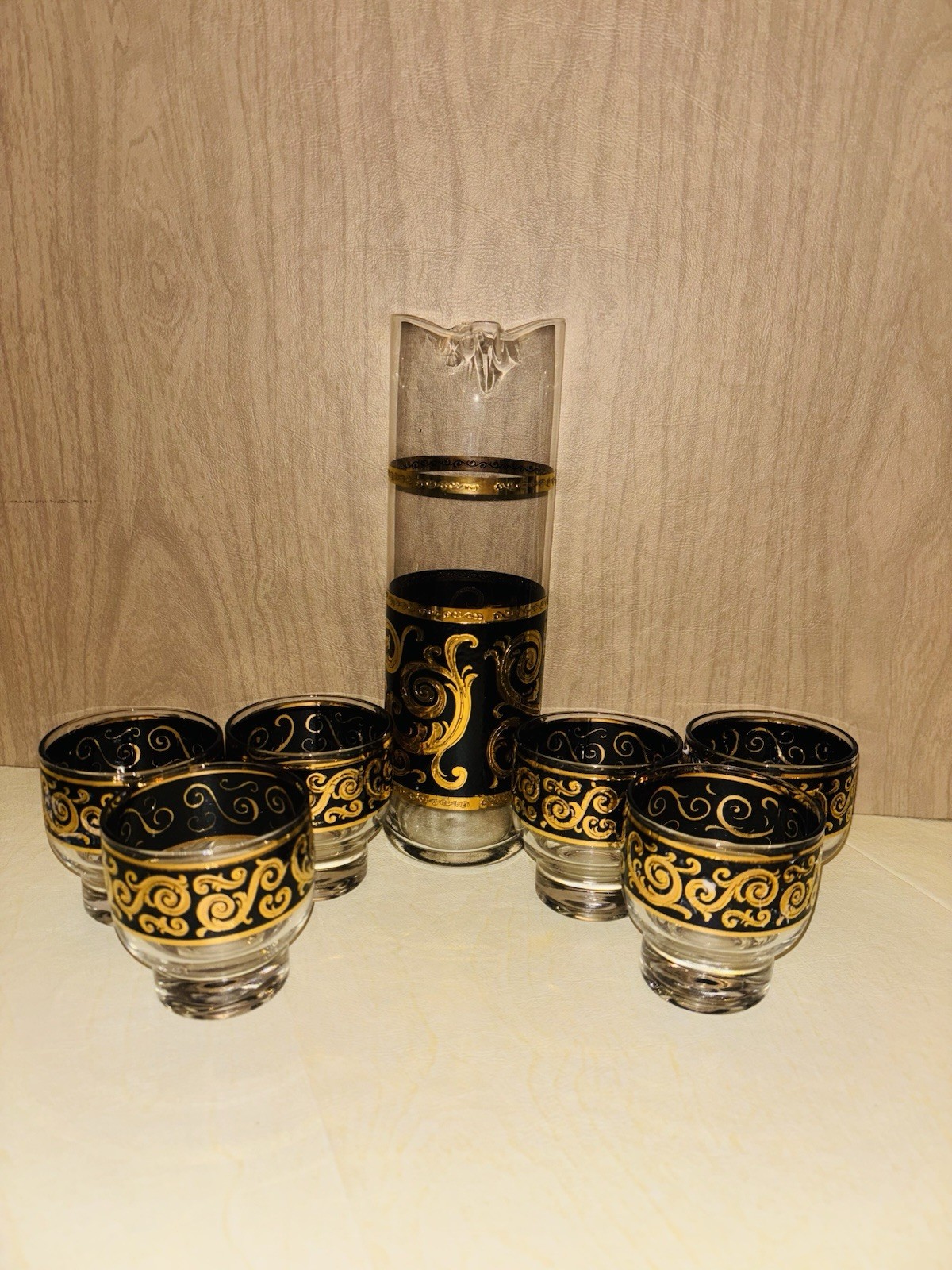 Vintage MCM Culver 22KT Cocktail Pitcher & Six Glasses Set of 7 black and Gold