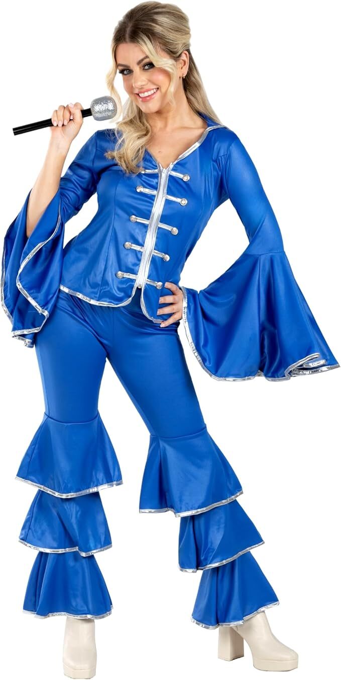 Women`s 1970s Blue Dancing Queen Costume S-XXL Ladies Pop Disco Outfit Halloween