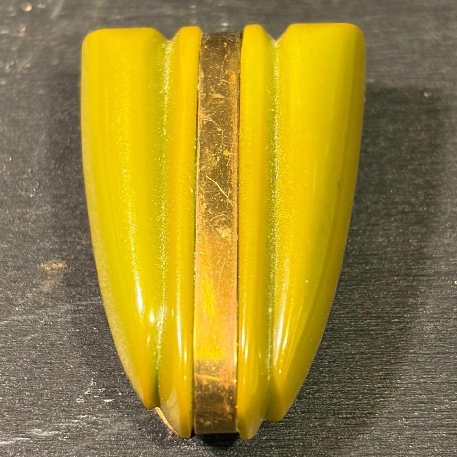 Vintage 1930s Art Deco Olive Green Bakelite Tiered Dress Clip Geometric Brass