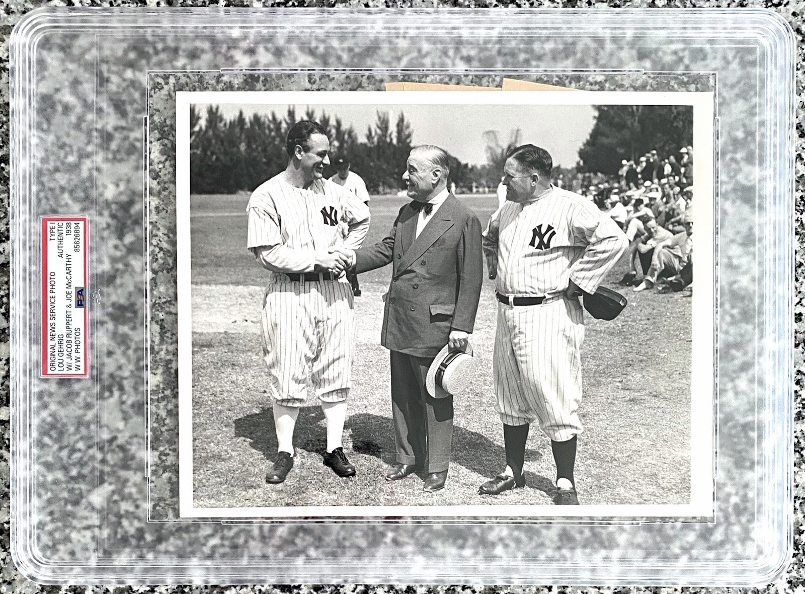 1938 Lou Gehrig “Gehrig Welcomed Back to Yankees Camp” PSA Type 1 Original Photo