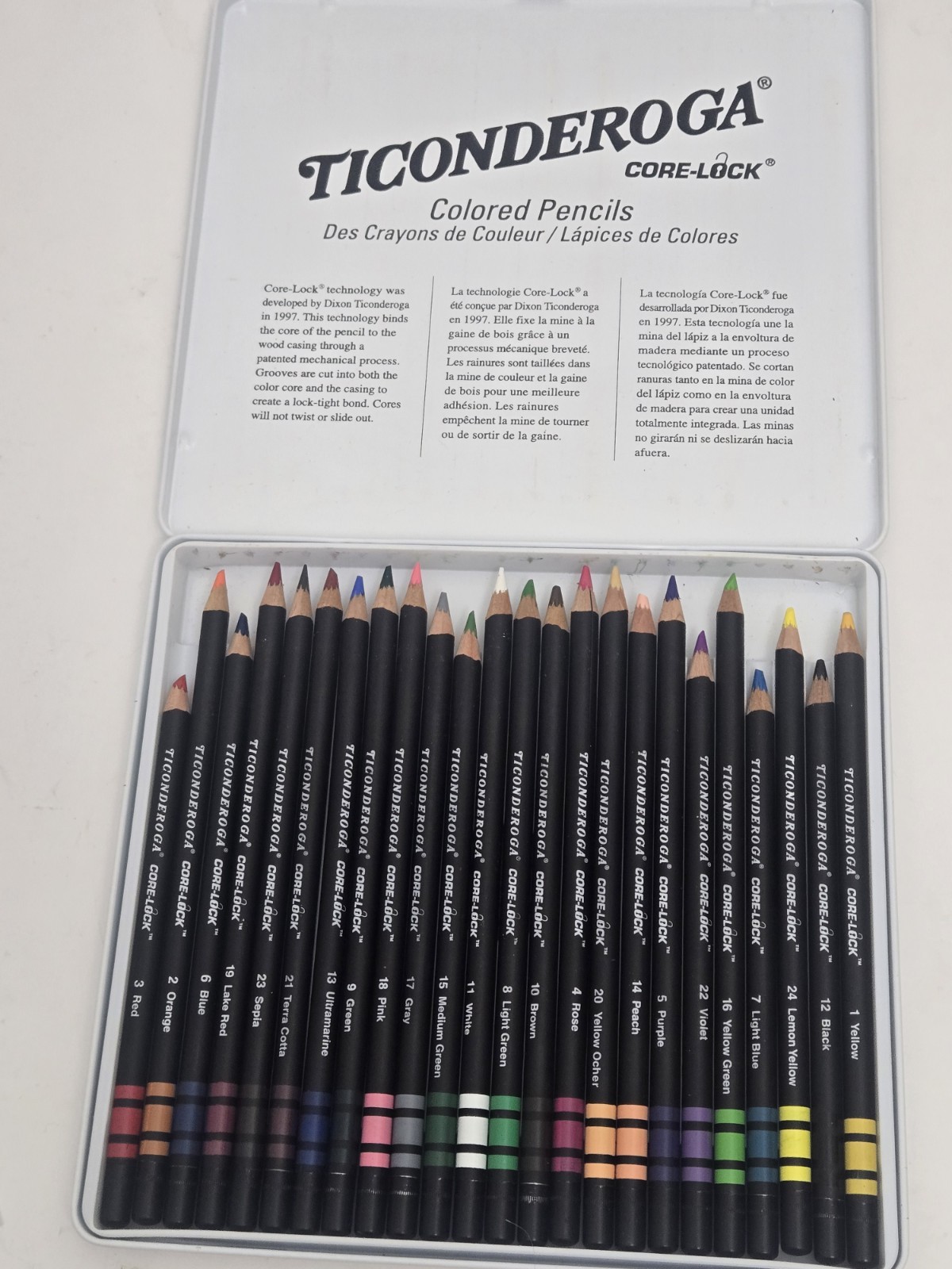 Dixon Ticonderoga Core Lock Artist Quality 24 Colored Pencils Tin Box