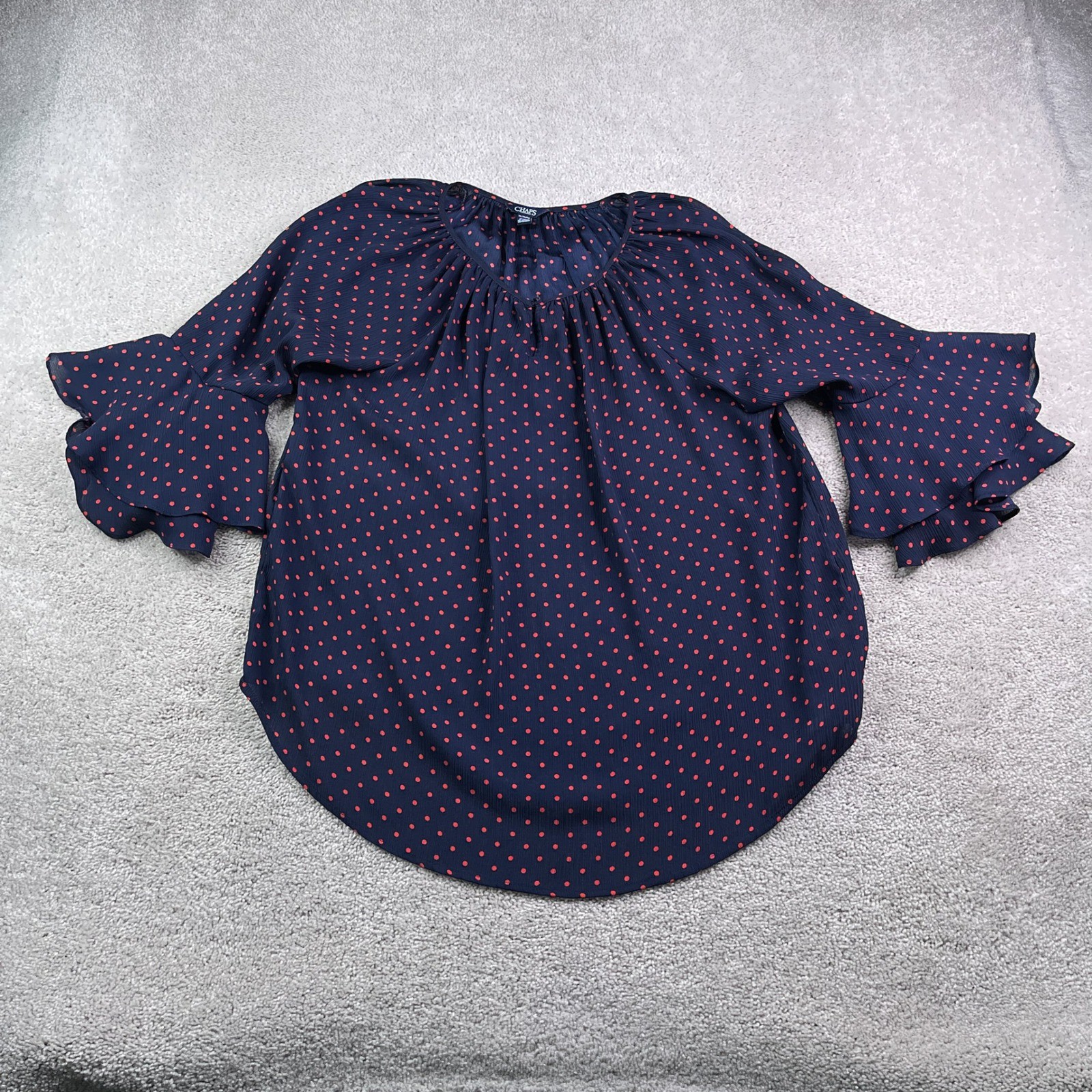 Chaps Top Women XL Blue Red Polka Dot Bell Sleeve Ruffle Pleated Sheer Blouse