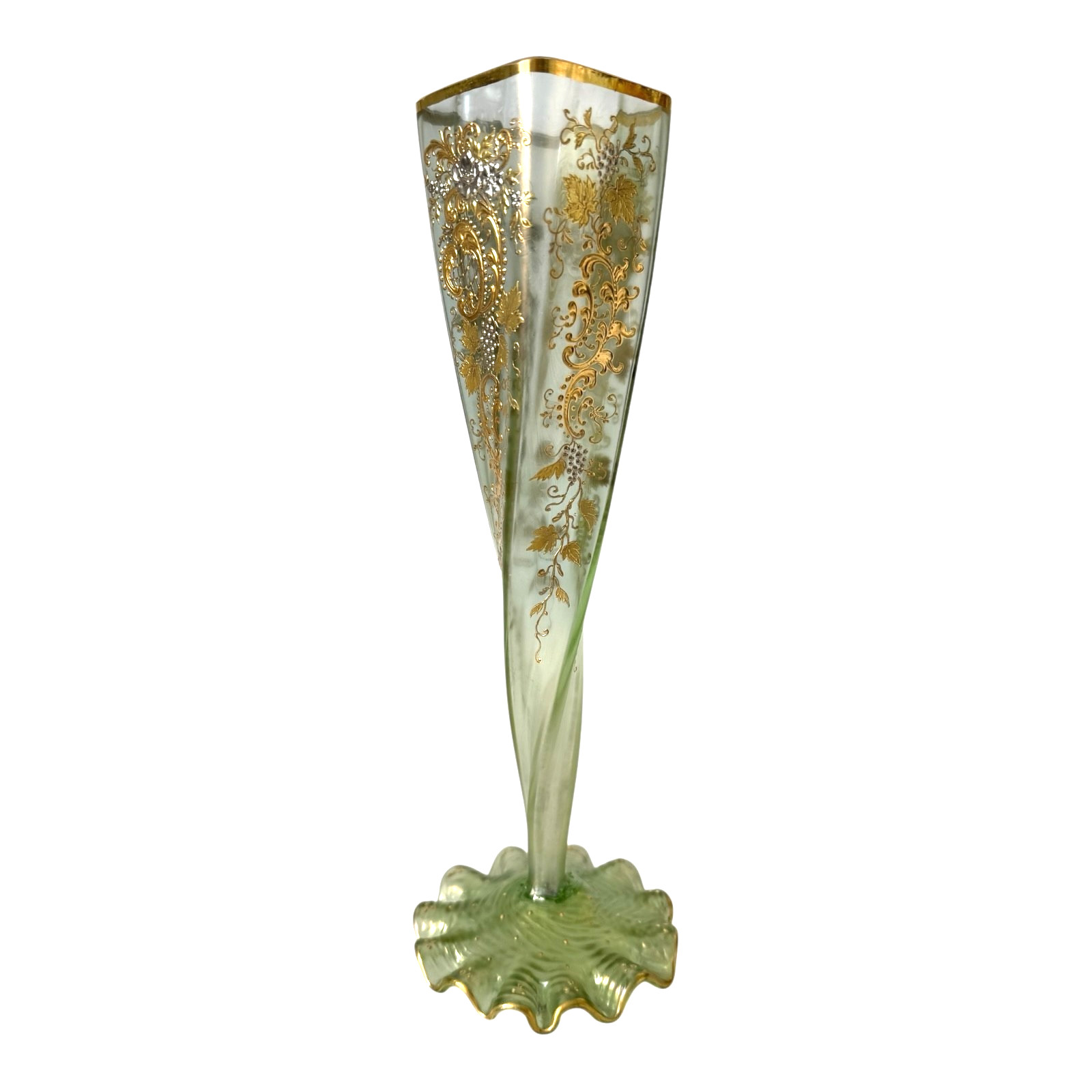 Antique Bohemian Czech Twisted Opalescent Glass Vase - Gilt Enamel Grapes Antique Bohemian Czech Twisted Opalescent Glass Vase - Gilt Enamel Grapes