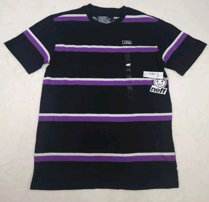 Neff Sorenson Black Purple Striped Short Sleeve T-Shirt Men\'s Size Medium Neff Sorenson Black Purple Striped Short Sleeve T-Shirt Men\'s Size Medium