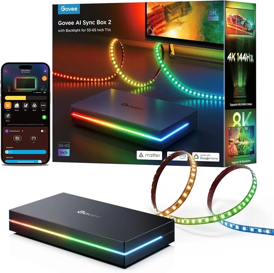 Govee HDMI 2.1 AI Sync Box with RGBIC LED Backlight for 55-65 Inch TVs