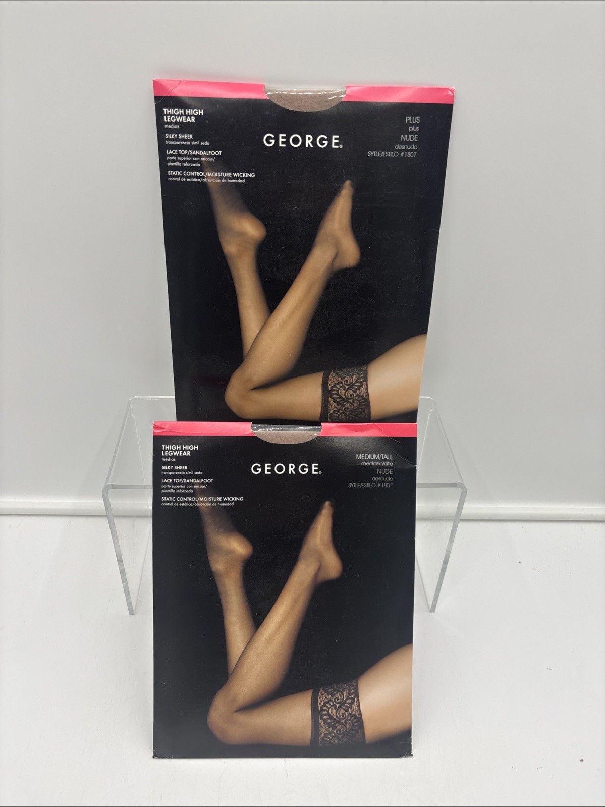 2 Pair George Medium Tall & Plus Nude Style # 1807 Pantyhose Thigh High Lace Top