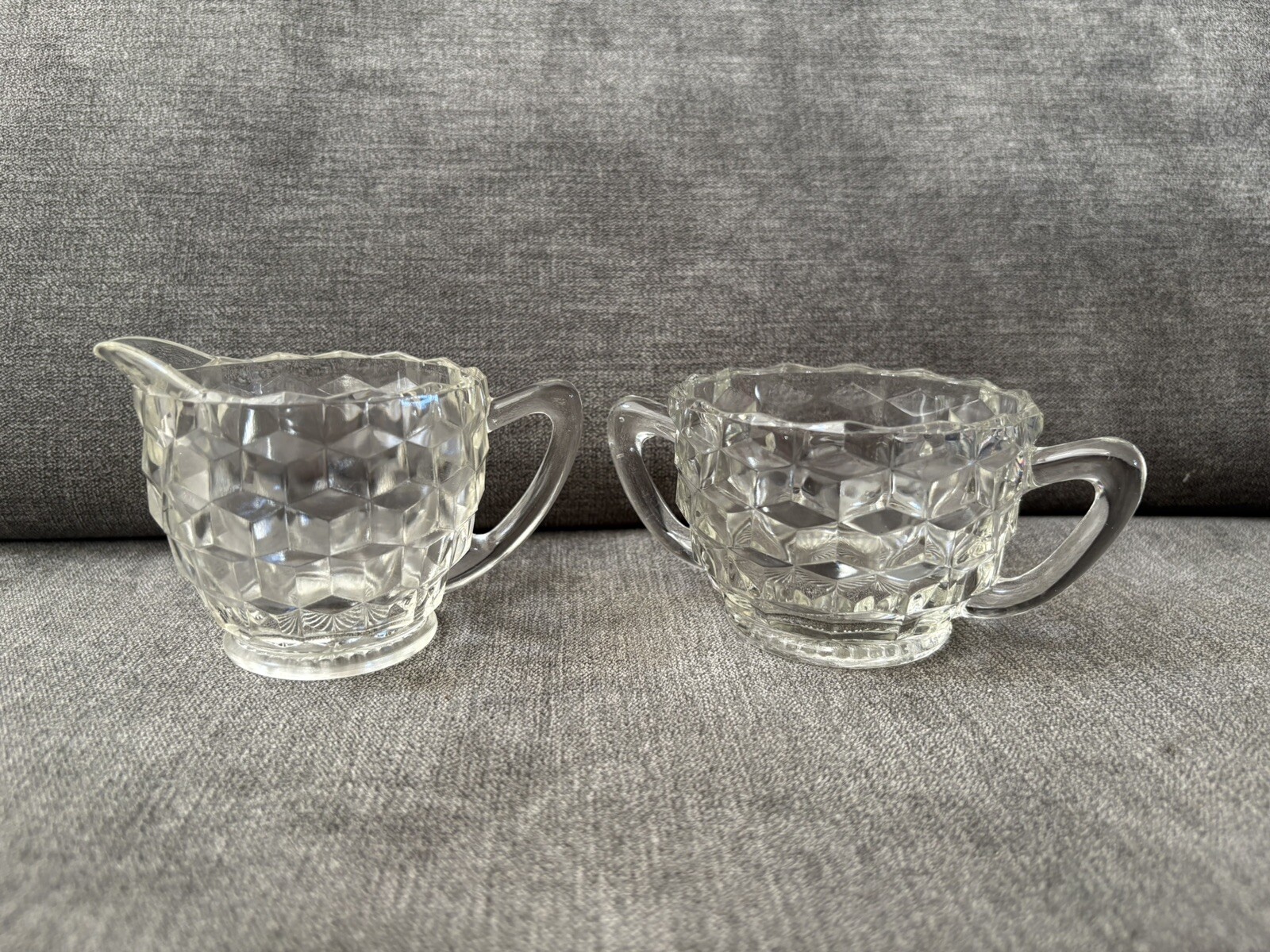 Vintage FOSTORIA AMERICAN Glass Creamer & Sugar Bowl Set Excellent Clean Cond.