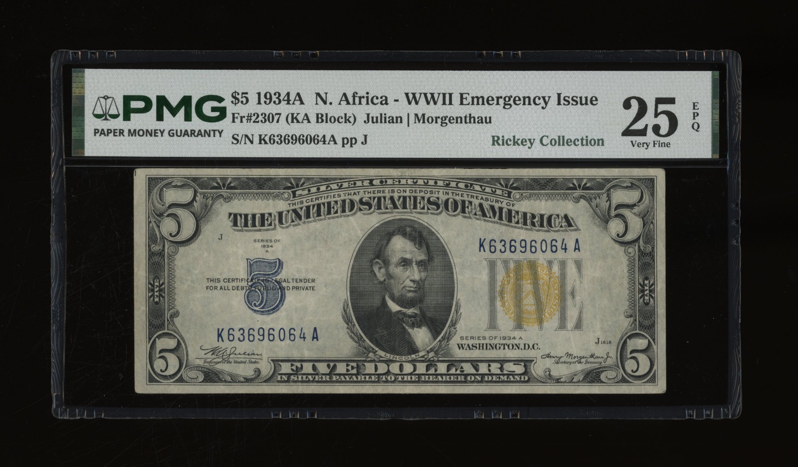 DBR 1934-A $5 North Africa Fr. 2307 PMG 25 EPQ Serial K63696064A