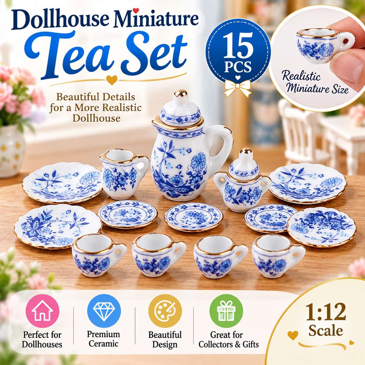 15Pcs 1:12 Dollhouse Miniature Ceramic Tea Set Cups Plates Tableware Decor 15Pcs 1:12 Dollhouse Miniature Ceramic Tea Set Cups Plates Tableware Decor
