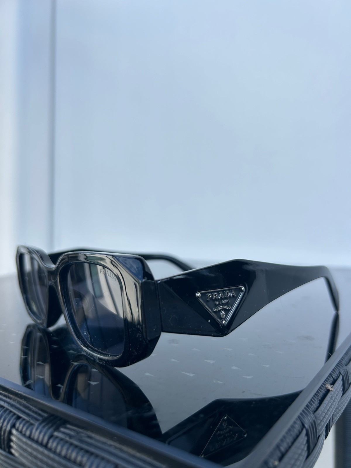 Prada PRB06S Sunglasses 54‑20‑130 Black Acetate Frame Triangle Logo Dark Grey