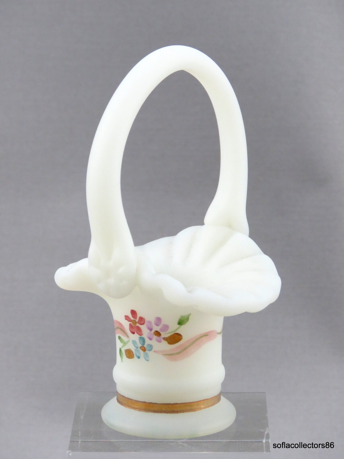 Fenton for QVC Ivory Satin 37 Mini Basket w Hand Painted Floral Décor - 1995