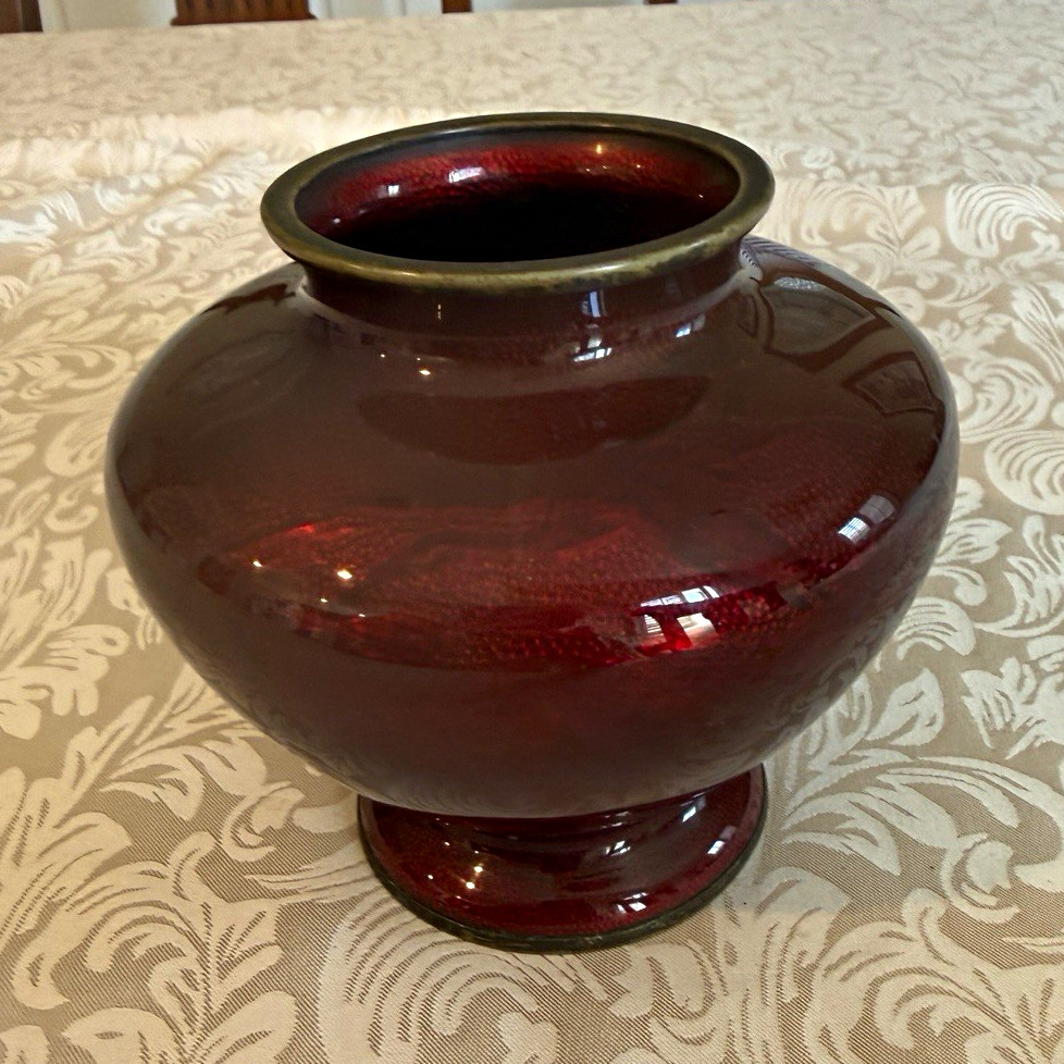 Antique Ando Jubei Japanese Ginbari Cloisonne Red Enamel Vase Jar Marked