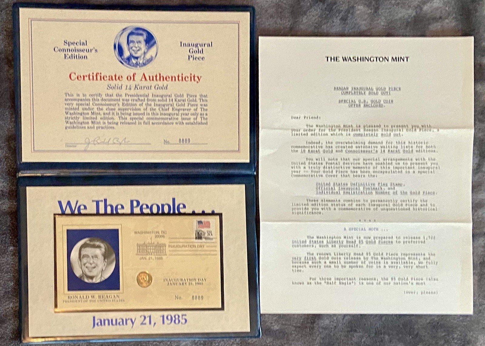 Rare 1985 Ronald Reagan Inaugural Day 14k Gold Piece Connoisseurs Edition