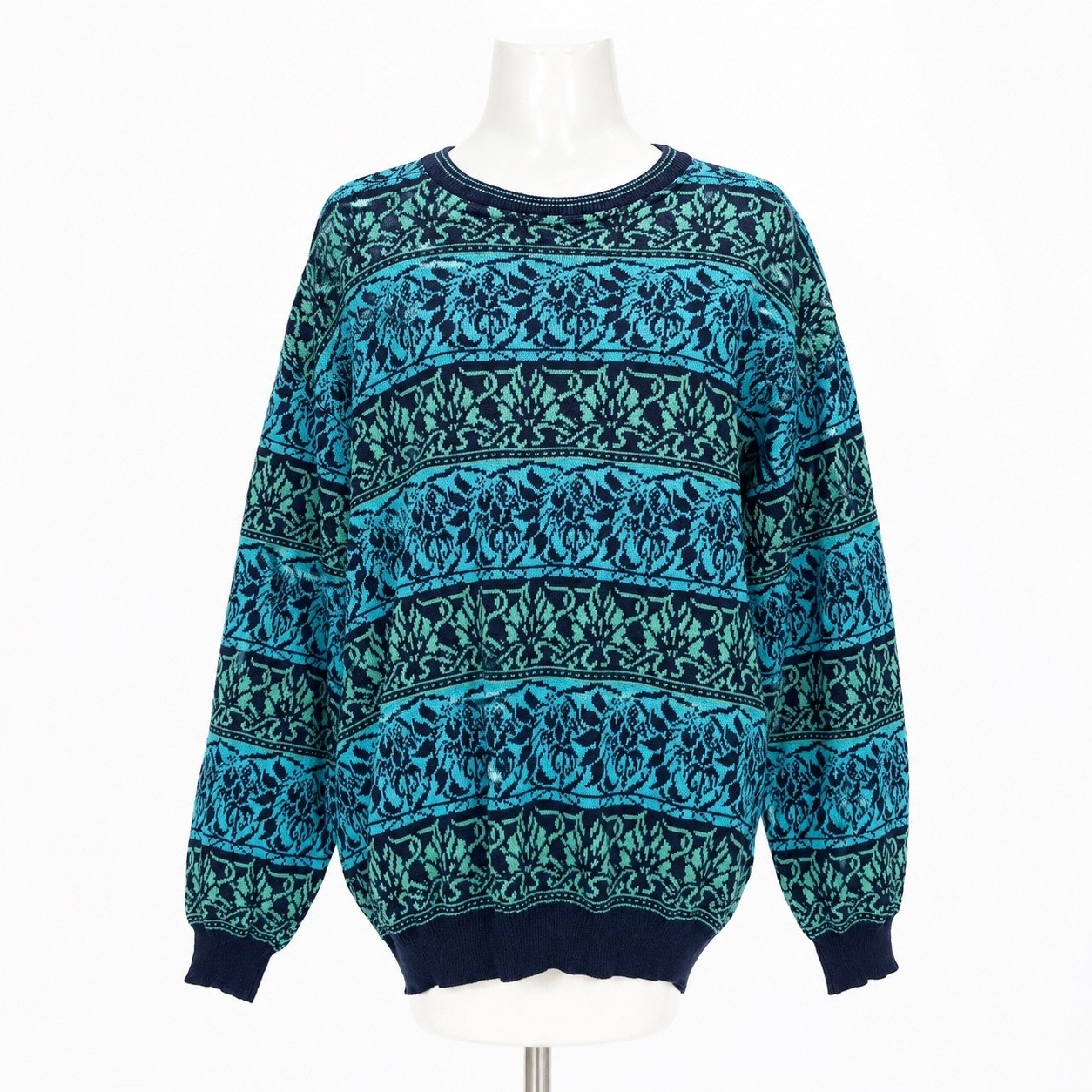 Vintage Fili Italy Jacquard Knit Sweater Blue Navy Floral Crewneck Womens L 90s