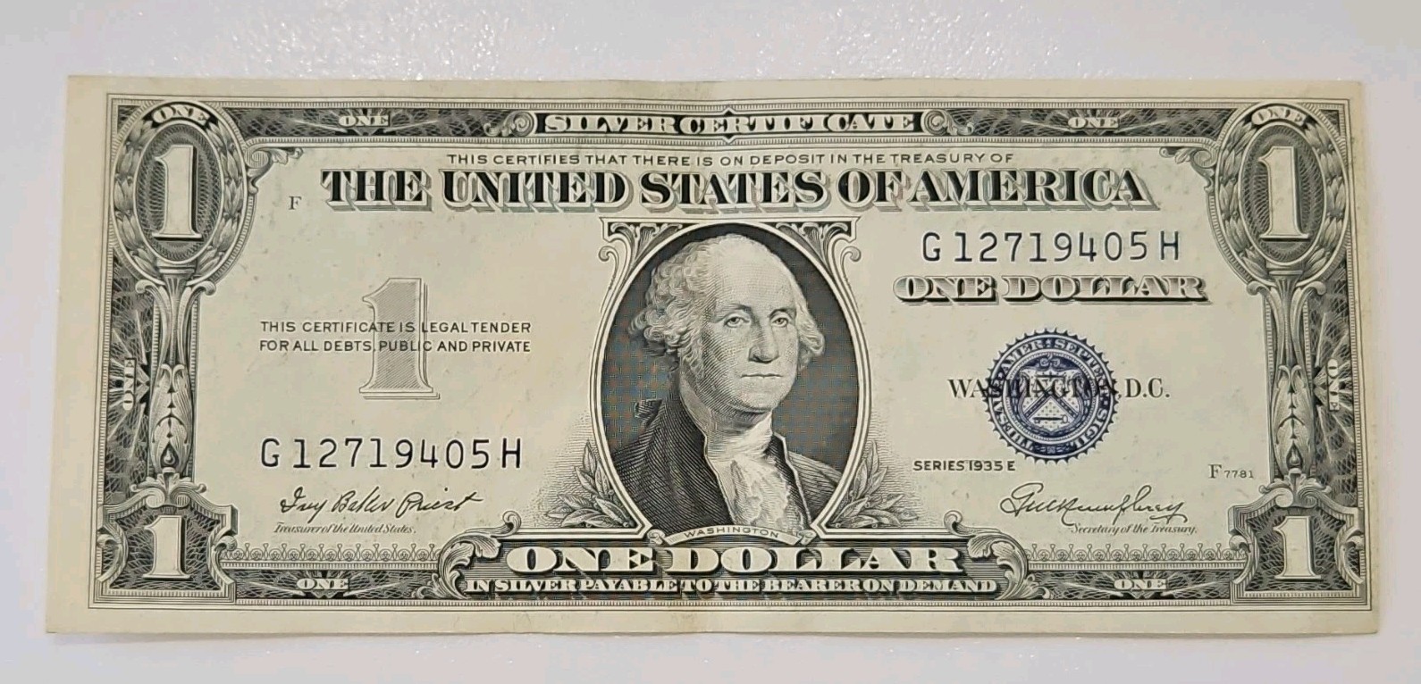 Series 1935E $1 Silver Certificate Blue Seal Note -Circulated Serial G12719405H