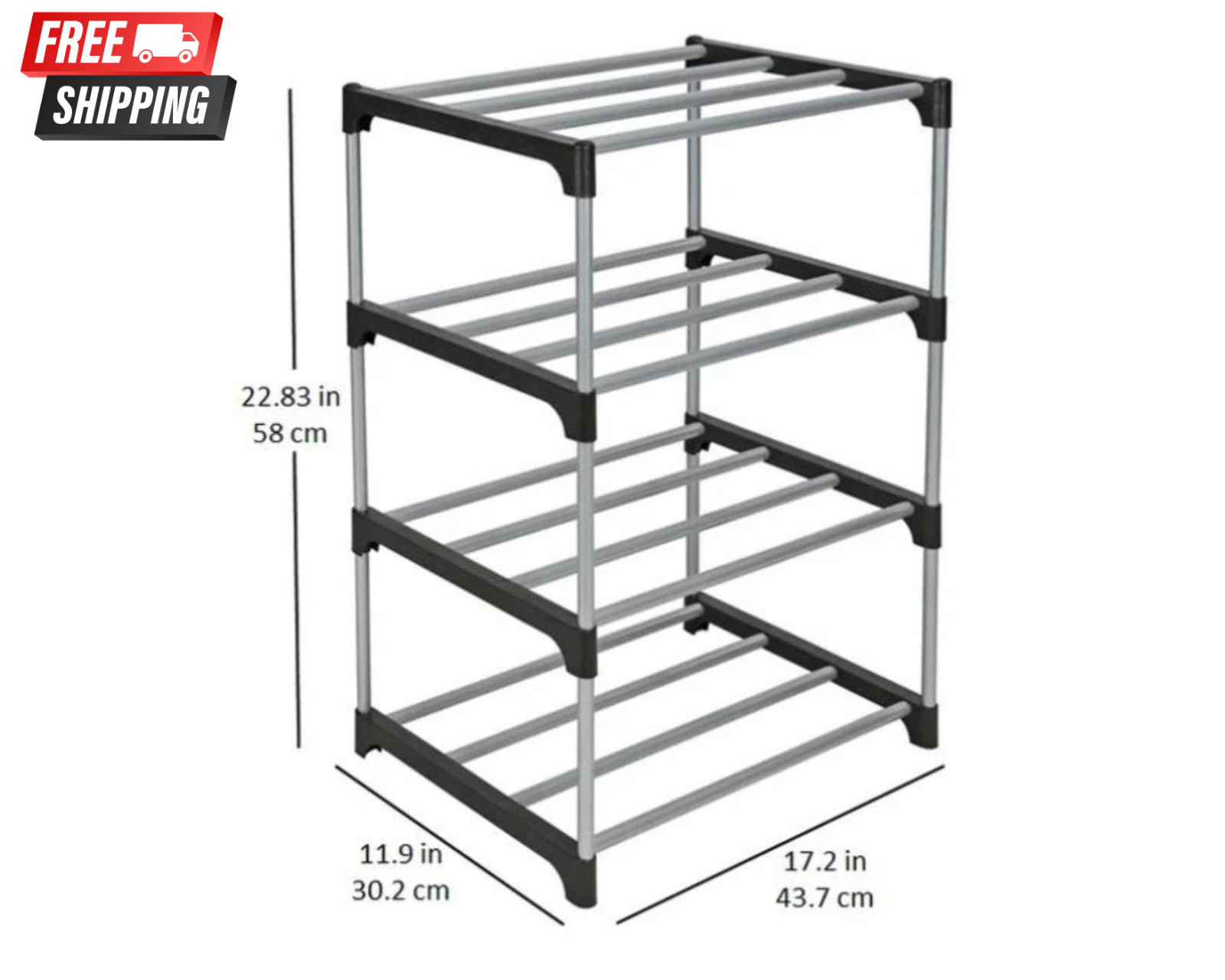 4-Tier Shoe Rack – Mainstays, Black & Silver, Metal Tubes, Holds 8 Pairs