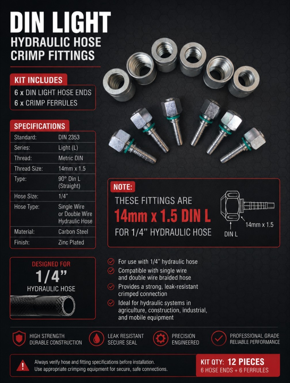Chinese Mini X DIN Light  1/4 Hose Crimp Fitting  6 complete  14mm x 1.5   