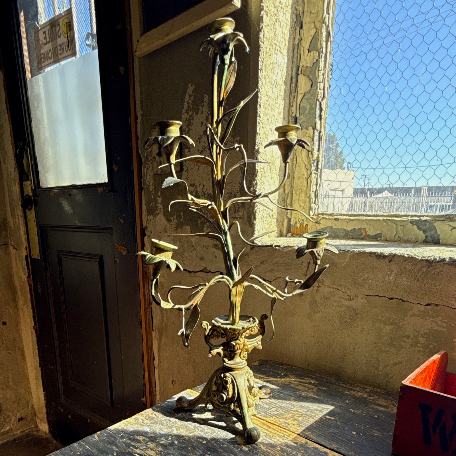 Antique c.1900 Art Nouveau 5 Arm Floral Candelabra Metal Flower Candle Holder