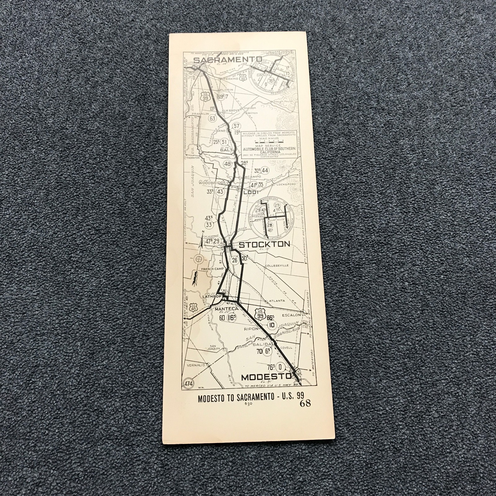 1920s Modesto To Sacramento Automobile Club of Southern Calif AAA Map #68 Rare