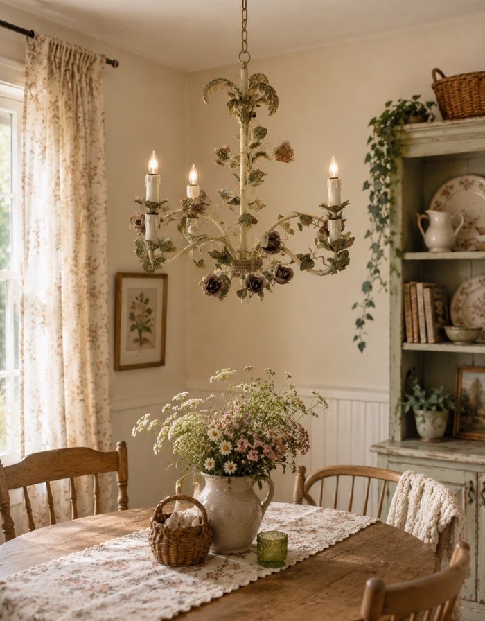 Vintage 5 Light Floral Tole Chandelier Roses Leaves Cottagecore Shabby Chic