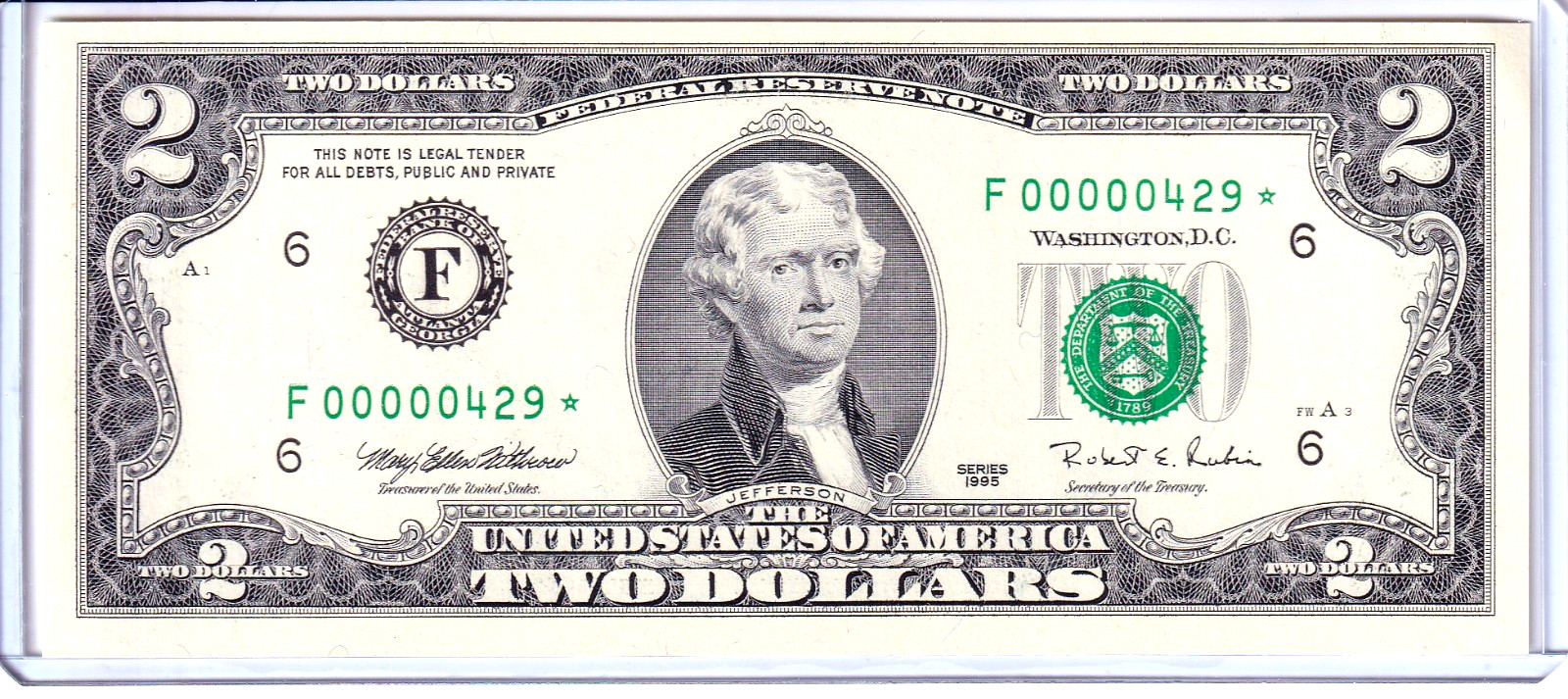 1995 $2 Federal Reserve Note Atlanta *STAR* Low 3 Digit Serial #F00000429* 1995 $2 Federal Reserve Note Atlanta *STAR* Low 3 Digit Serial #F00000429*