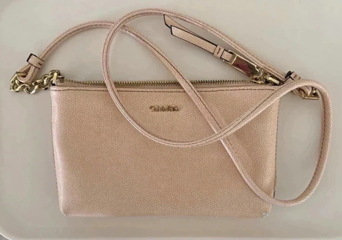 Calvin Klein Small Beige Zip Crossbody Bag Detachable Strap Gold Hardware