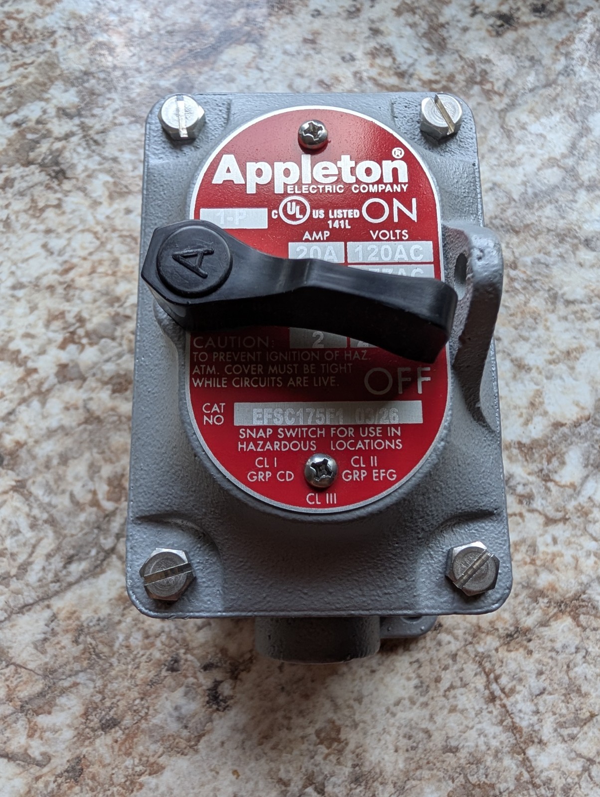 New No Box - APPLETON EFSC175F1 EXPLOSION PROOF 1-Pole SNAP SWITCH 3/4 New No Box - APPLETON EFSC175F1 EXPLOSION PROOF 1-Pole SNAP SWITCH 3/4