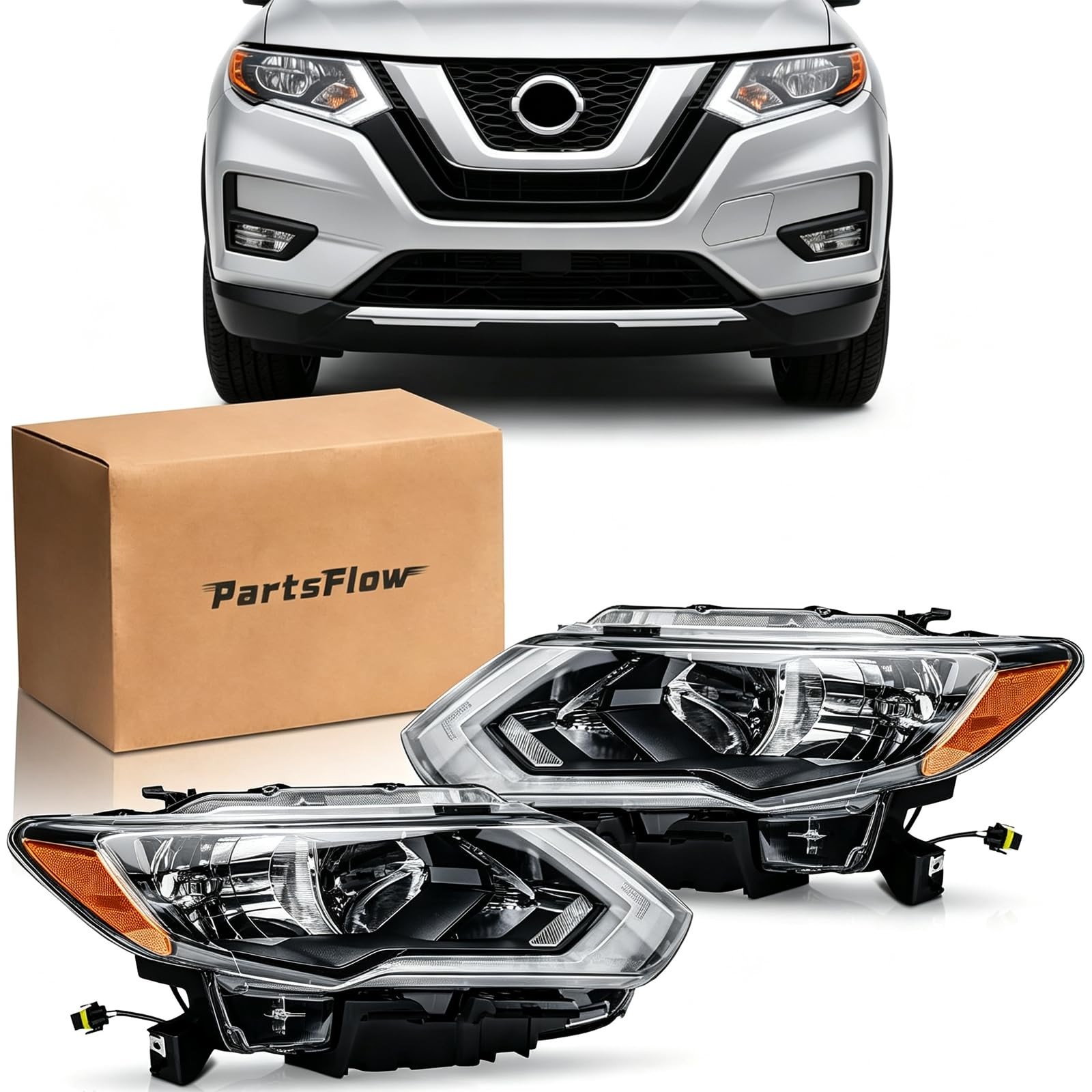 Halogen Headlight Assembly Pair for 2017-2019 Nissan Rogue Left Right Side