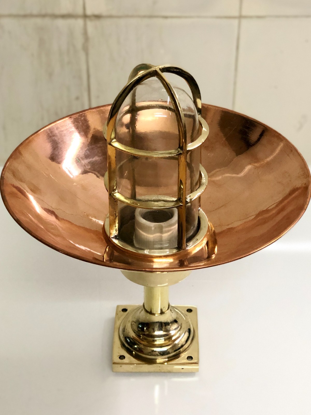 Copper Saucer Wall Mount Light Brass Stem Square Base Cage Dome Fixture