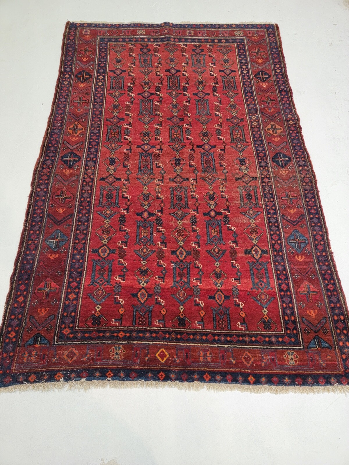 Antique Oriental Hand-Knotted Wool Area Rug Some Wear Red/Blue 4'3