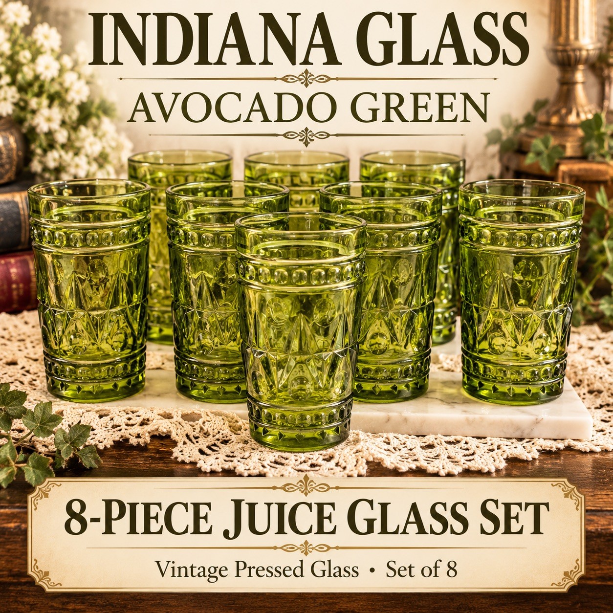 Vintage Indiana Colony Park Lane Juice Cups Avocado Green 4\