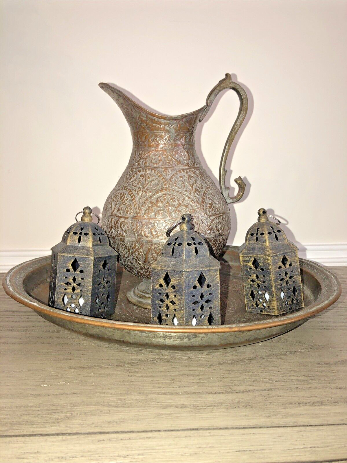 Arabian Nights Vintage Metal Brass Arabic Pitcher with handle tray three candles