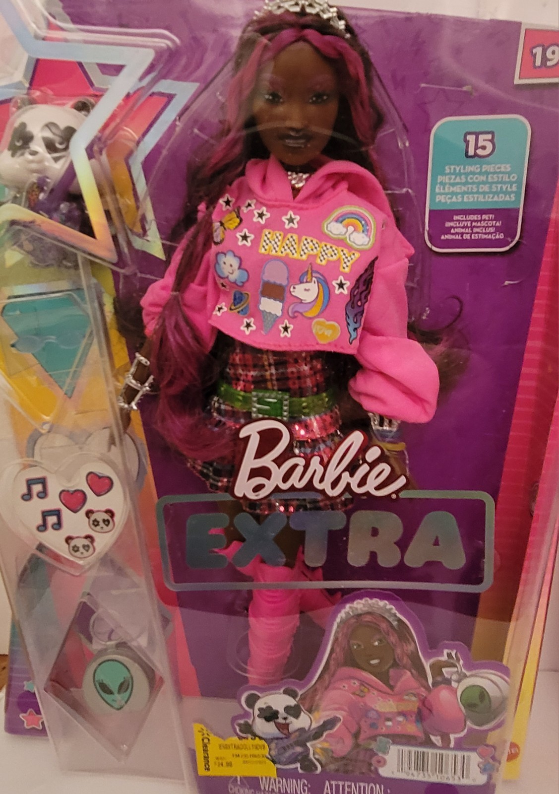 Barbie Extra Series #19 Doll Pink Streaked Hair Plaid Skirt & Pet Panda-Mattel