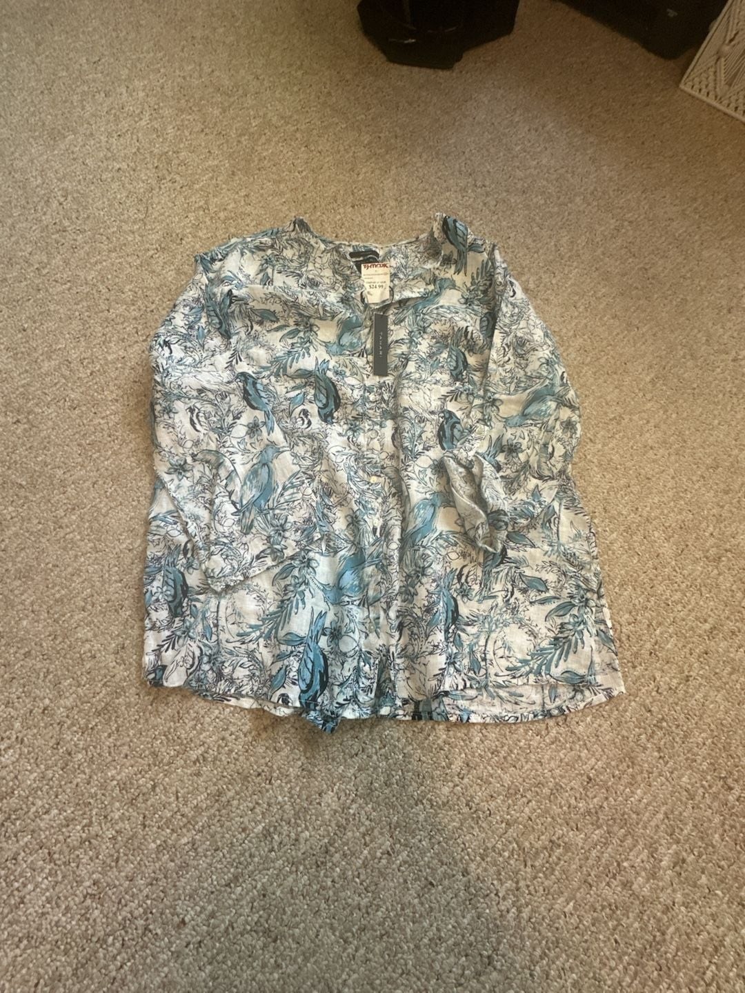 Tahari 100% Linen Blue Bird Floral Button Down Shirt Tunic Top 1X Tahari 100% Linen Blue Bird Floral Button Down Shirt Tunic Top 1X