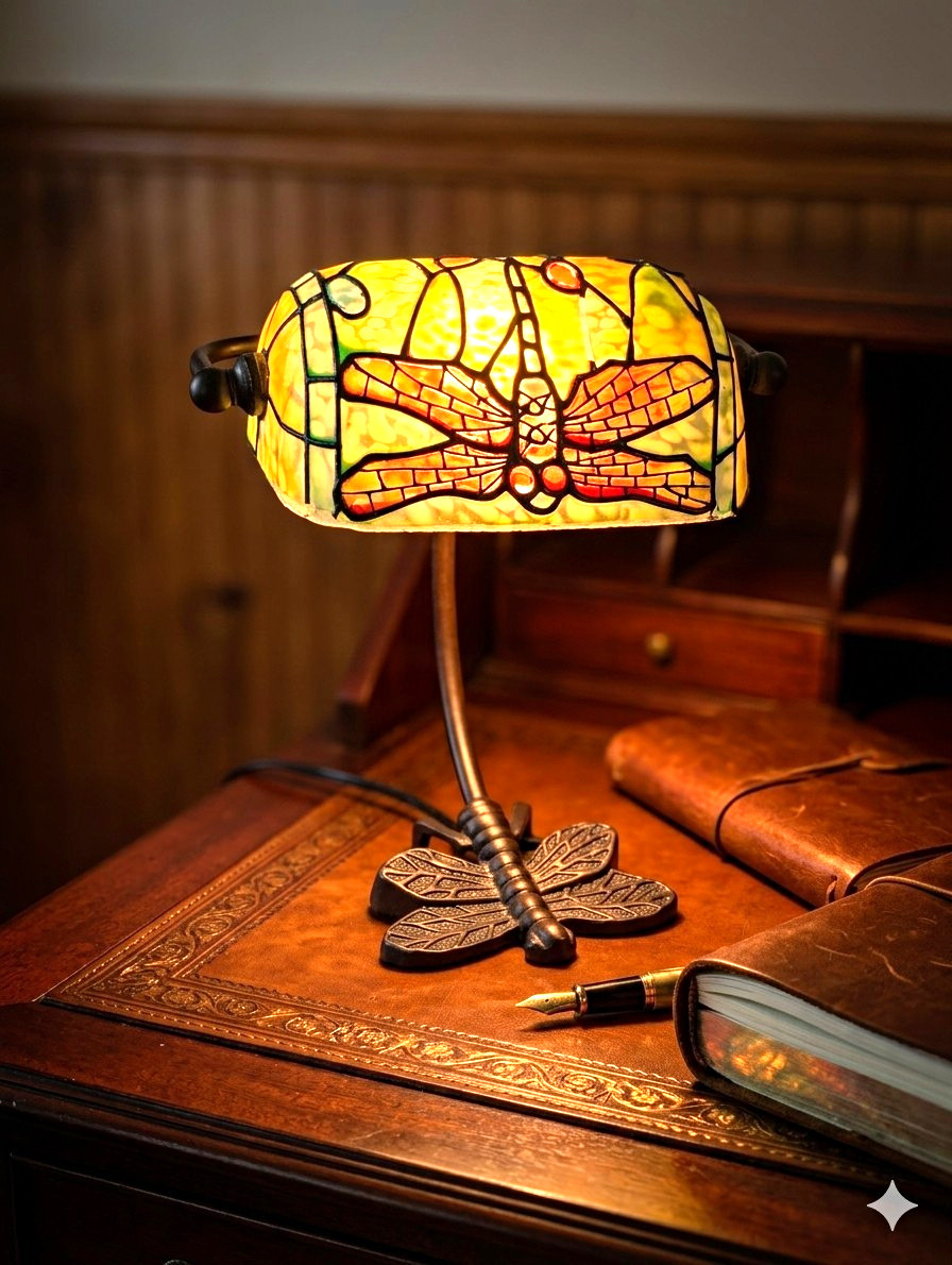 Vintage Tiffany-Style Dragonfly Bankers Desk Lamp (7\