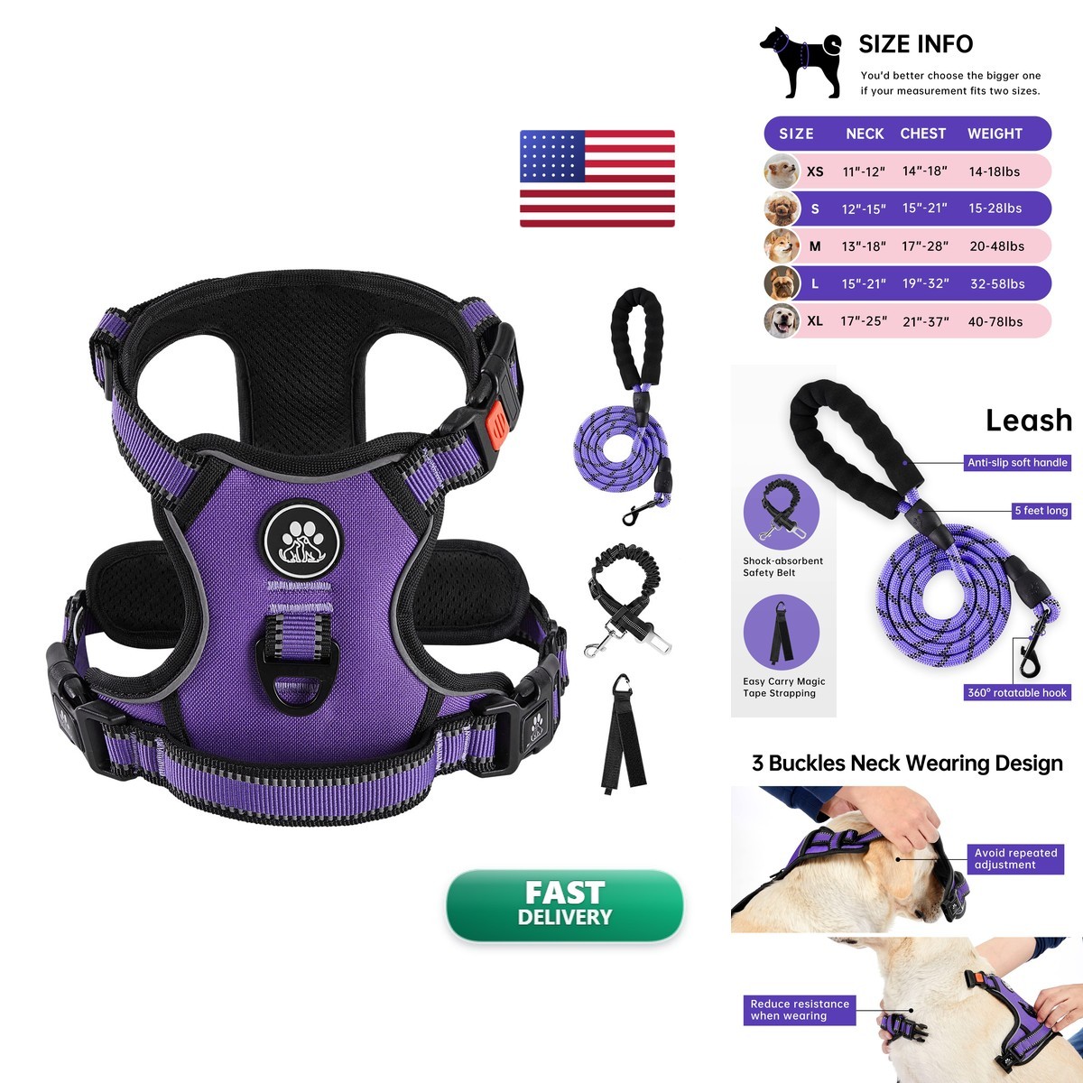 IVY&LANE No Pull Dog Harness Medium Dogs, Reflective Vest Harness