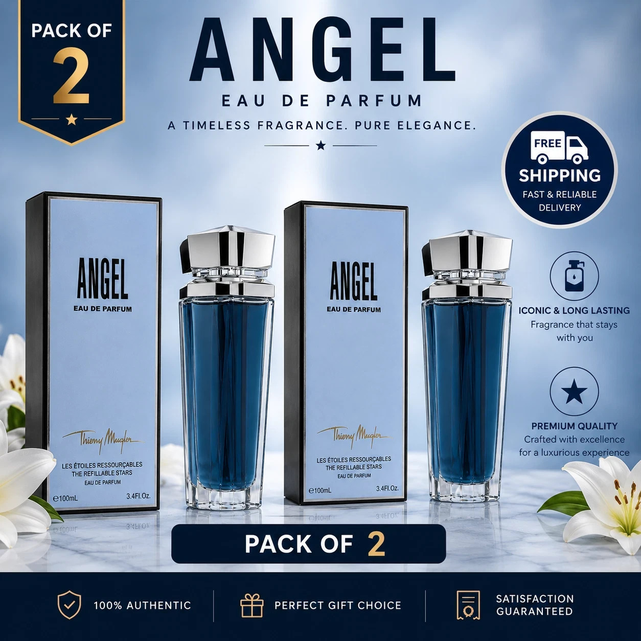 2x Angel by Thierry Mugler Eau De Parfum Refillable Spray 3.4 oz for Women