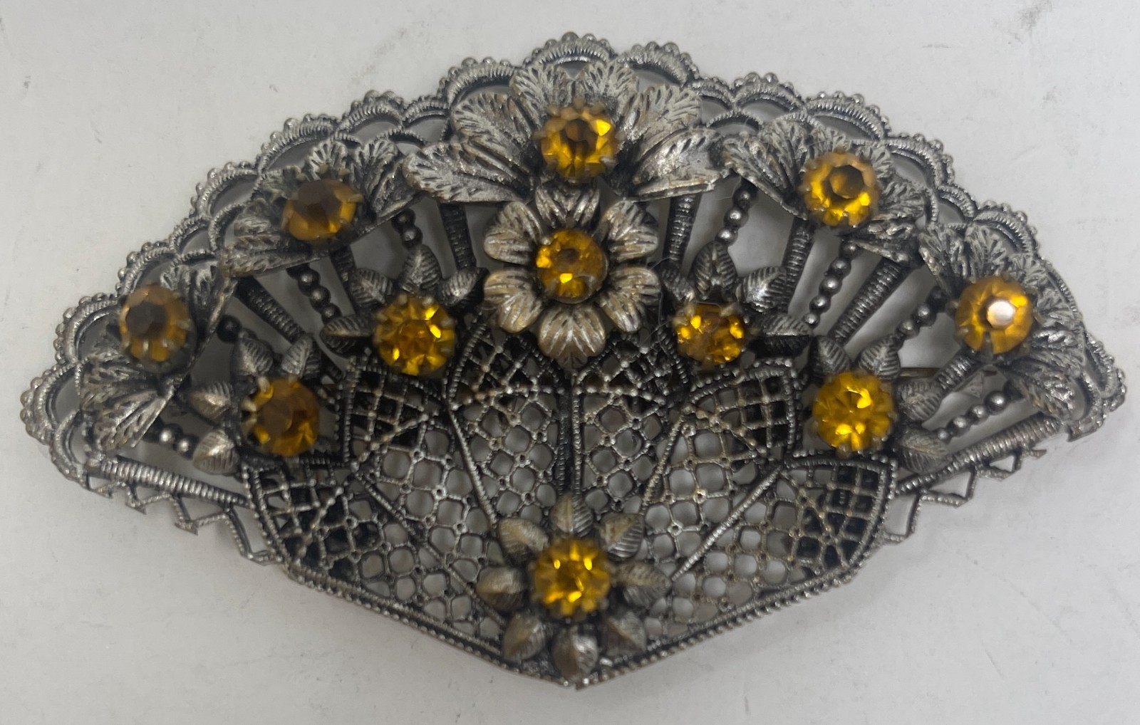 Antique 1930\'s Czech Silver Tone Filigree Hand Fan Pin Brooch w/ Glass Stones