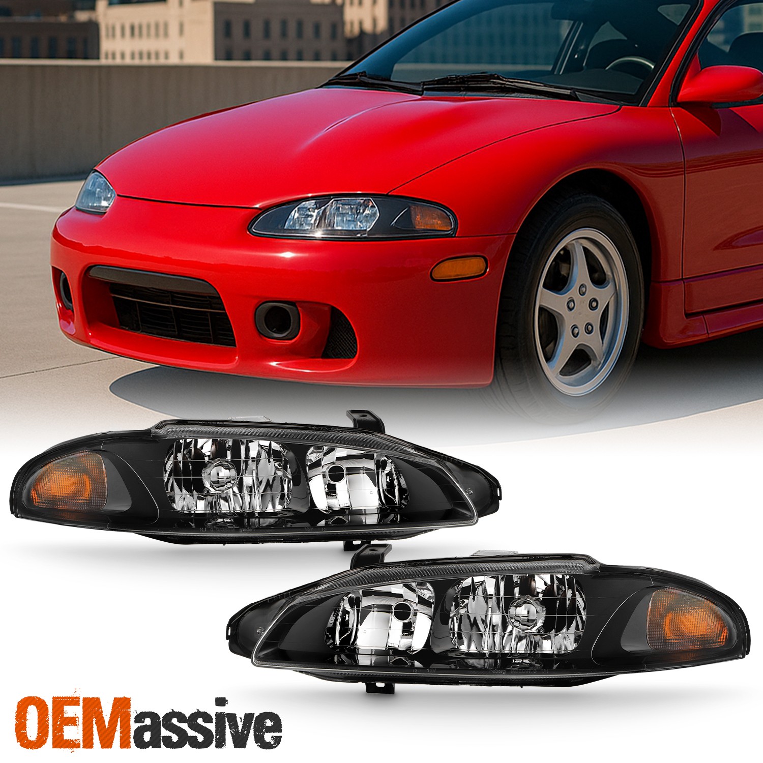 For 1997-1999 Mitsubishi Eclipse Headlights Headlamp Black Housing Right-Left